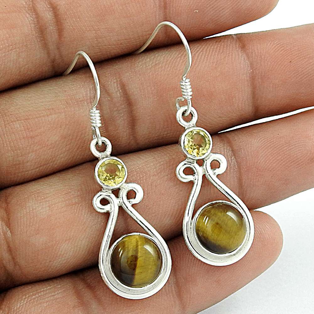 Magnificent Tiger Eye Citrine Gemstone Sterling Silver Earrings Jewellery Fabricant
