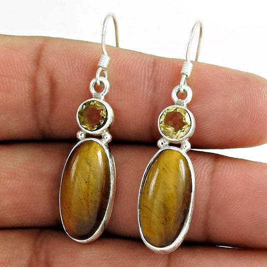 925 Sterling Silver Gemstone Jewellery Trendy Tiger Eye Lemon Topaz Gemstone Earrings