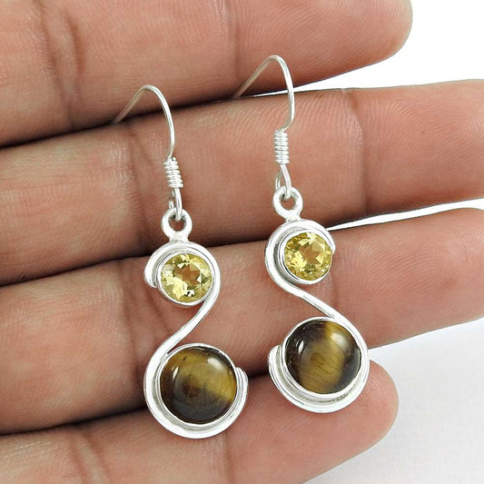 Gift For Her Natural Tiger'S Eye Dangle Ethnic Earrings 925 Silver E42