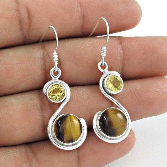 925 Silver Jewellery Ethnic Tiger Eye Lemon Topaz Gemstone Earrings
