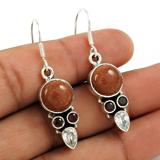 Christmas Gift Bohemian Earrings 925 Sterling Silver Natural Sunstone C6