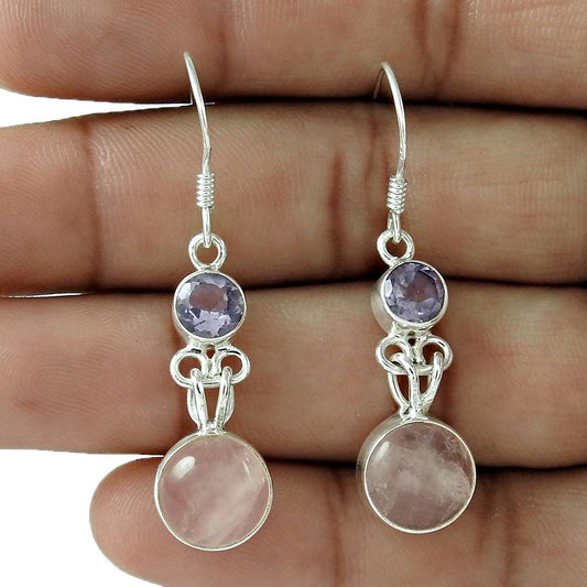 Gift For Her Natural Rose Quartz Dangle Bohemian Earrings 925 Silver K42