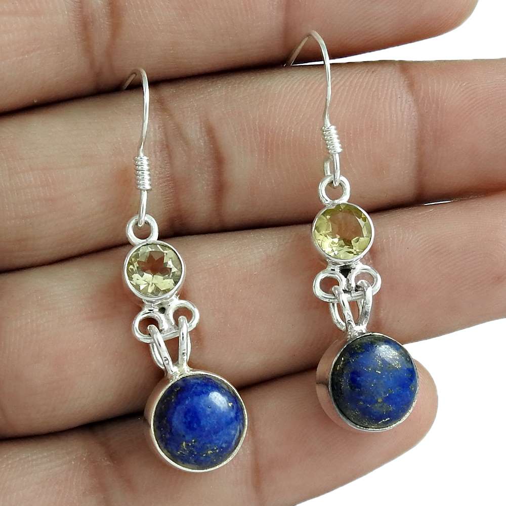 Natural Lapis Lazuli Gemstone Dangle Tribal Blue Earrings 925 Silver S42