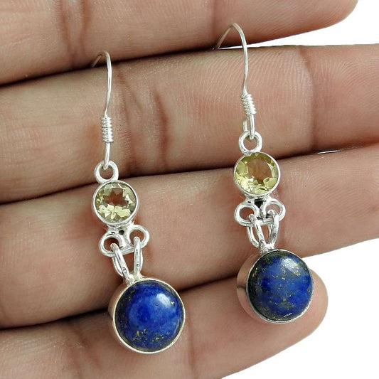 Natural Lapis Lazuli Gemstone Dangle Tribal Blue Earrings 925 Silver S42