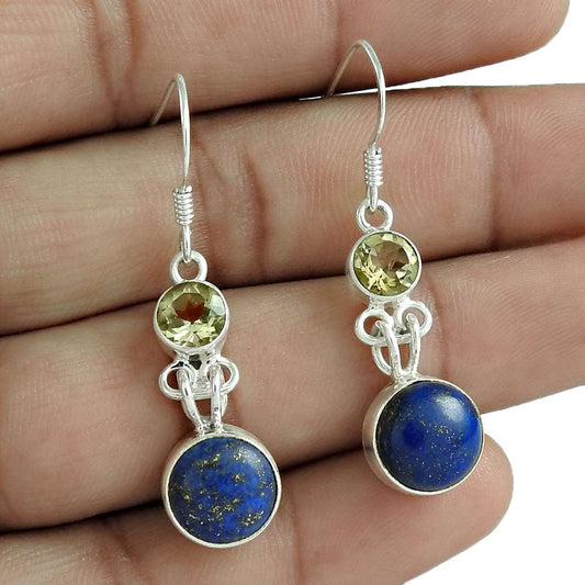 Gift For Her Natural Lapis Lazuli Dangle Tribal Earrings 925 Silver U42