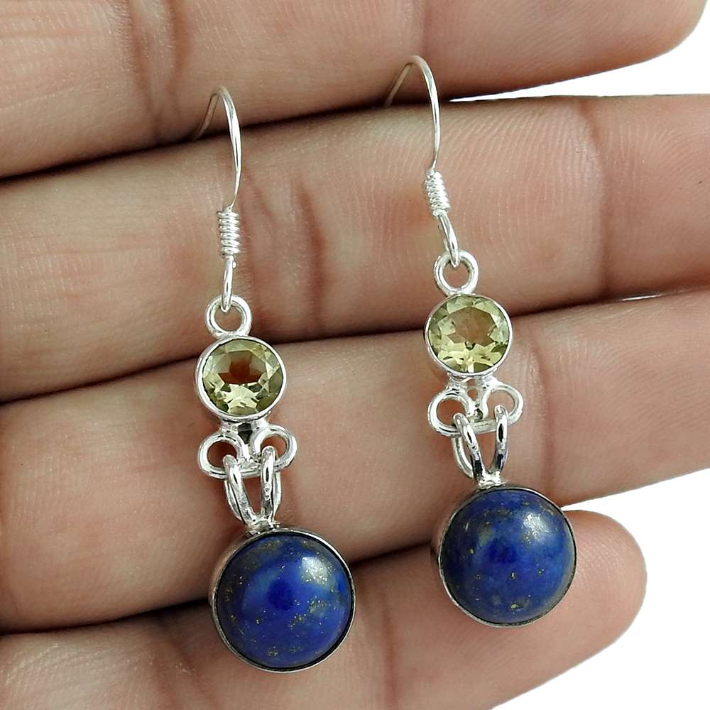 Gift For Her Natural Lapis Lazuli Dangle Bohemian Earrings 925 Silver V42
