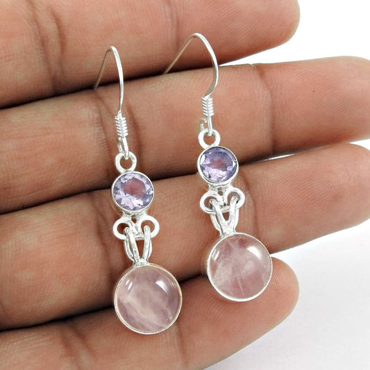 Gift For Her 925 Silver Natural Rose Quartz Dangle Bohemian Earrings X42