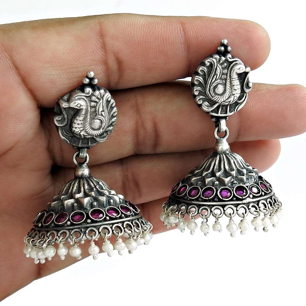 Daily Wear 925 Oxidized Sterling Silver Pearl Ruby Gemstone Earring Jewelry