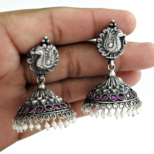 Daily Wear 925 Oxidized Sterling Silver Pearl Ruby Gemstone Earring Jewelry