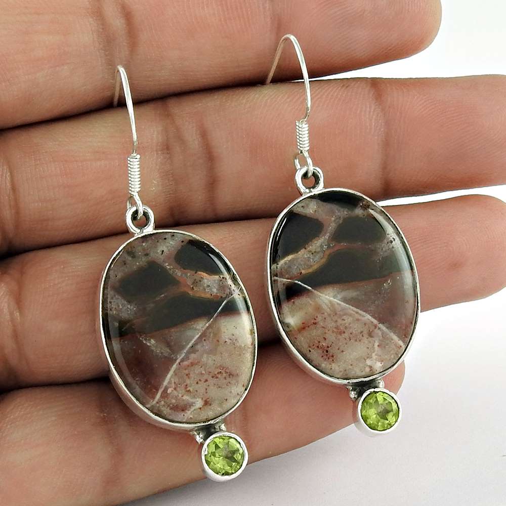 Natural Jasper Gemstone Dangle Boho Earrings 925 Sterling Silver A43