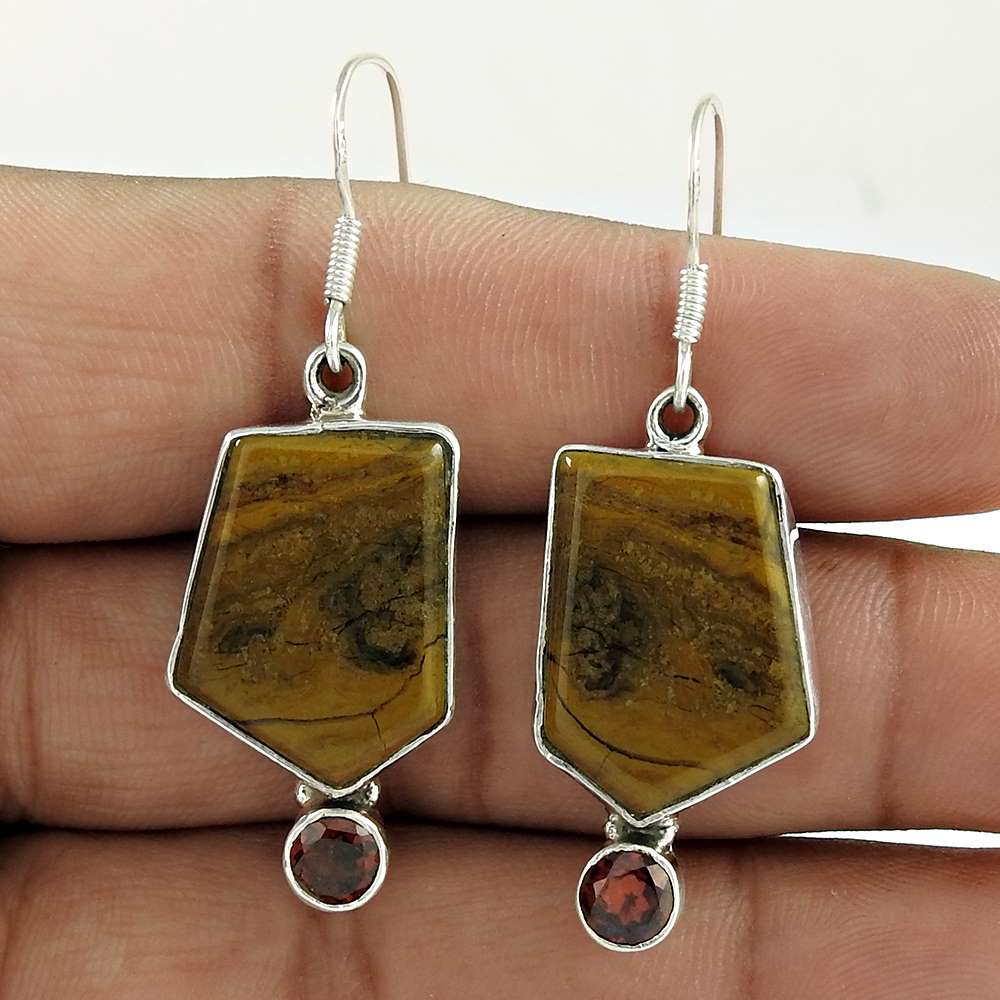 Wedding Gift For Her 925 Silver Natural Jasper Dangle Bohemian Earrings D43