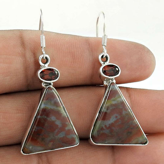 925 Sterling Silver Jewellery Ethnic Jasper Garnet Gemstone Earrings
