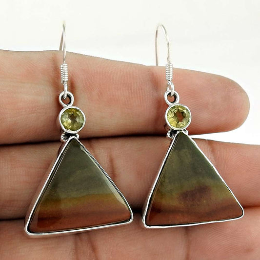 925 Sterling Silver Vintage Jewellery Beautiful Rhyolite Citrine Gemstone Earrings