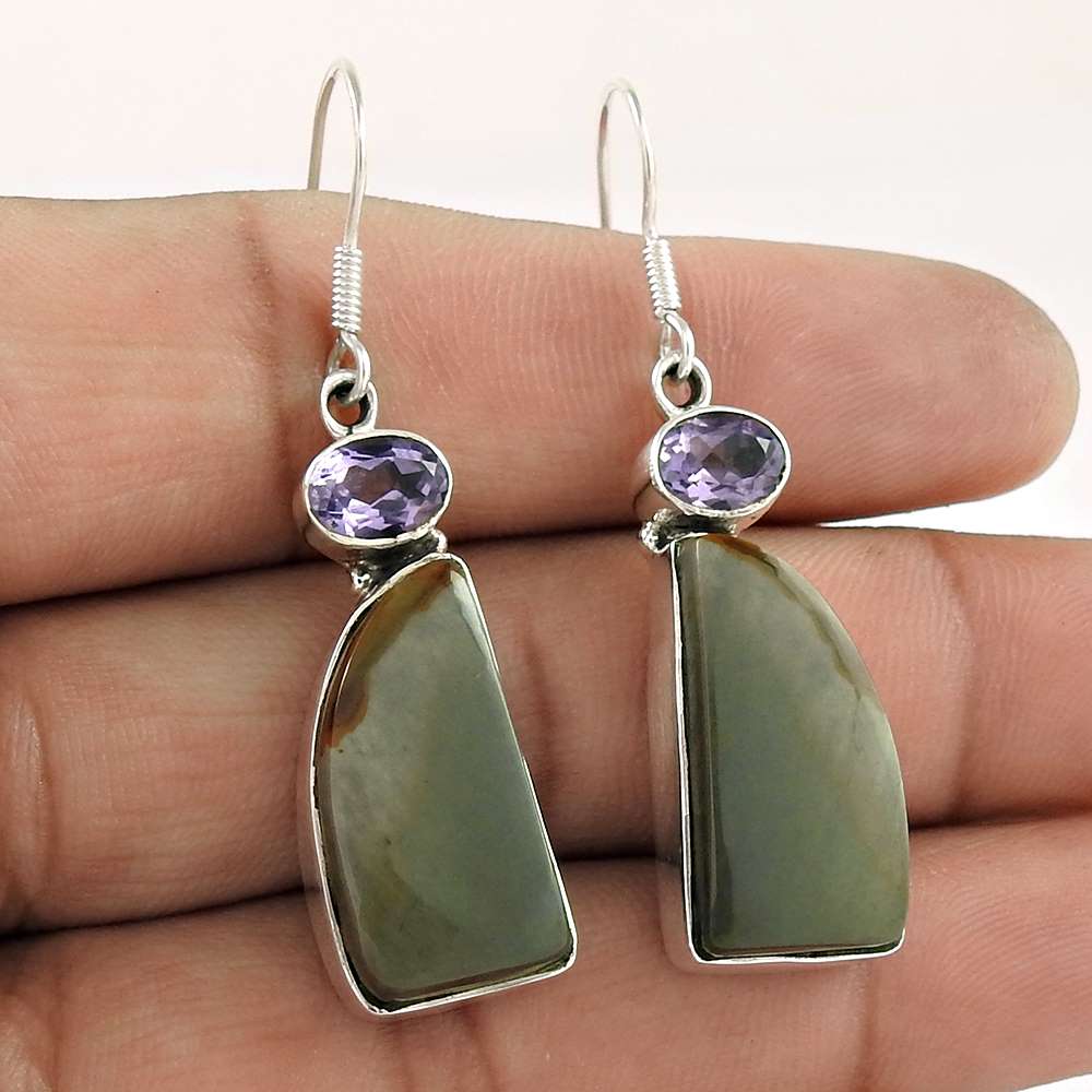 925 Sterling Silver Antique Jewellery Traditional Wild horse Jasper Amethyst Gemstone Earrings