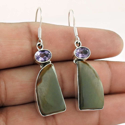 925 Sterling Silver Antique Jewellery Traditional Wild horse Jasper Amethyst Gemstone Earrings