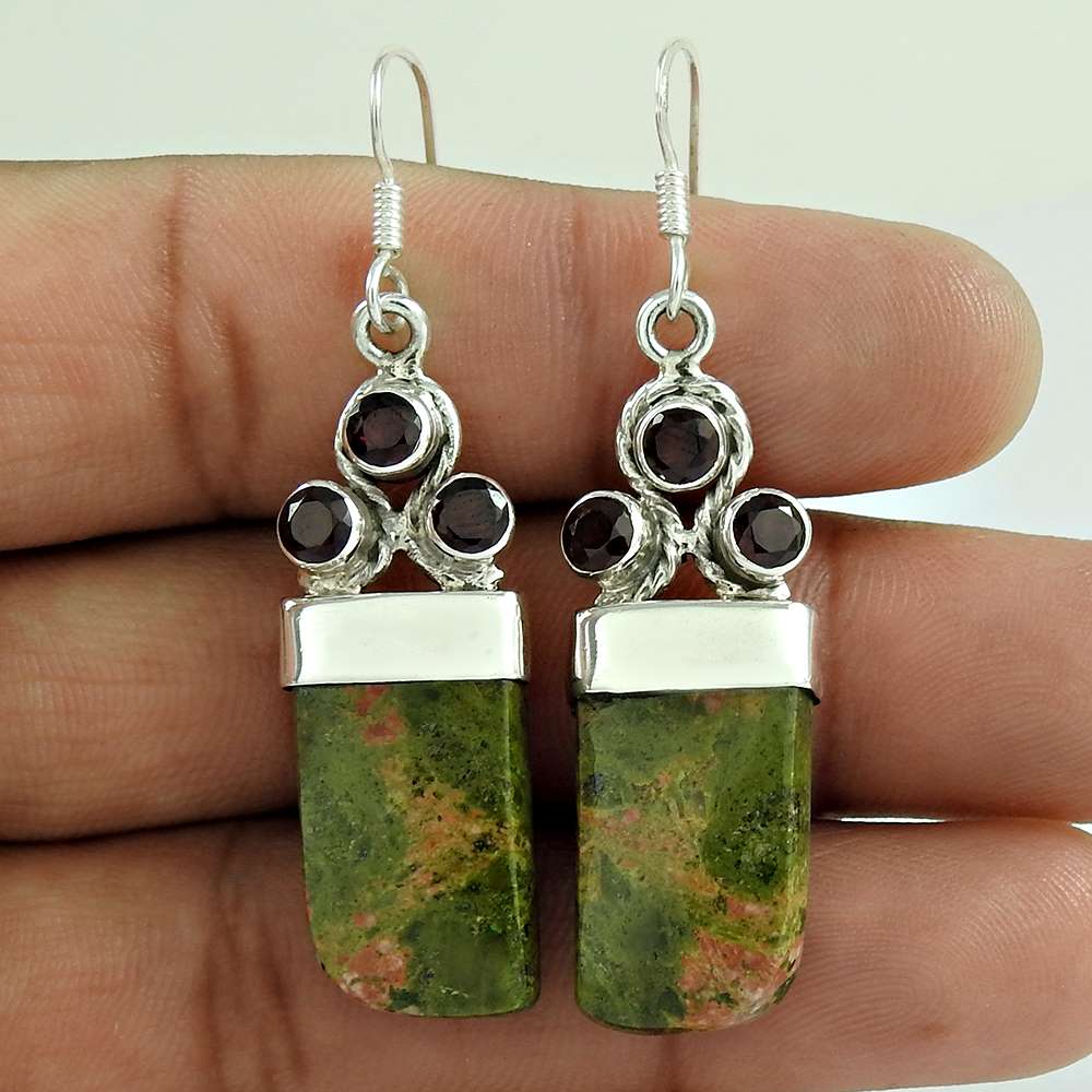 925 Sterling Silver Jewellery Beautiful Unakite Garnet Gemstone Earrings