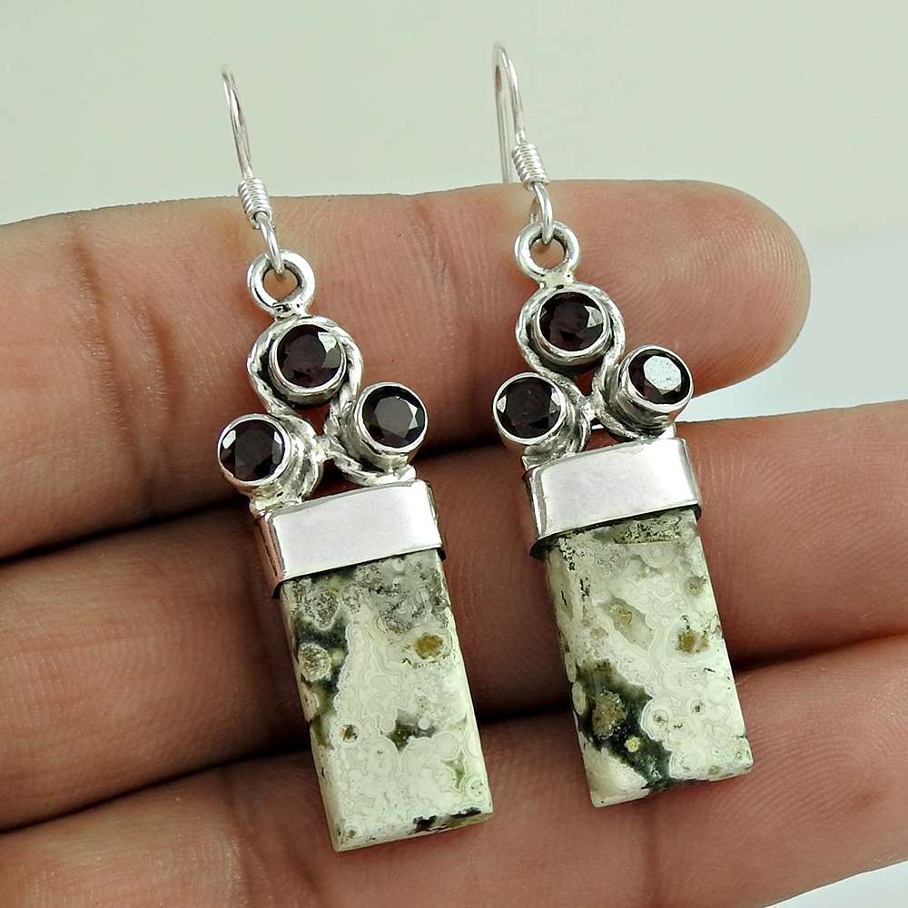 925 Sterling Silver Vintage Jewellery Traditional Ocean jasper Garnet Gemstone Earrings