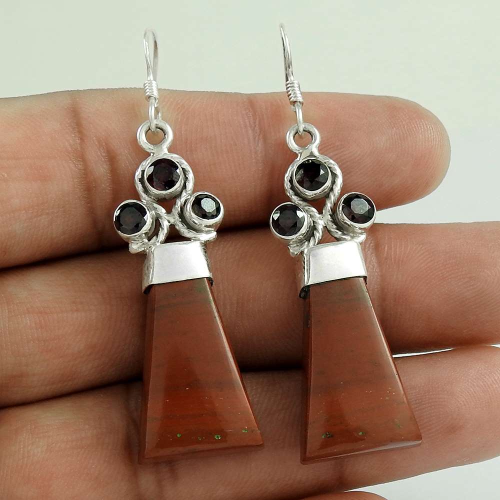 925 Sterling Silver Antique Jewellery High Polish Red Jasper Garnet Gemstone Earrings