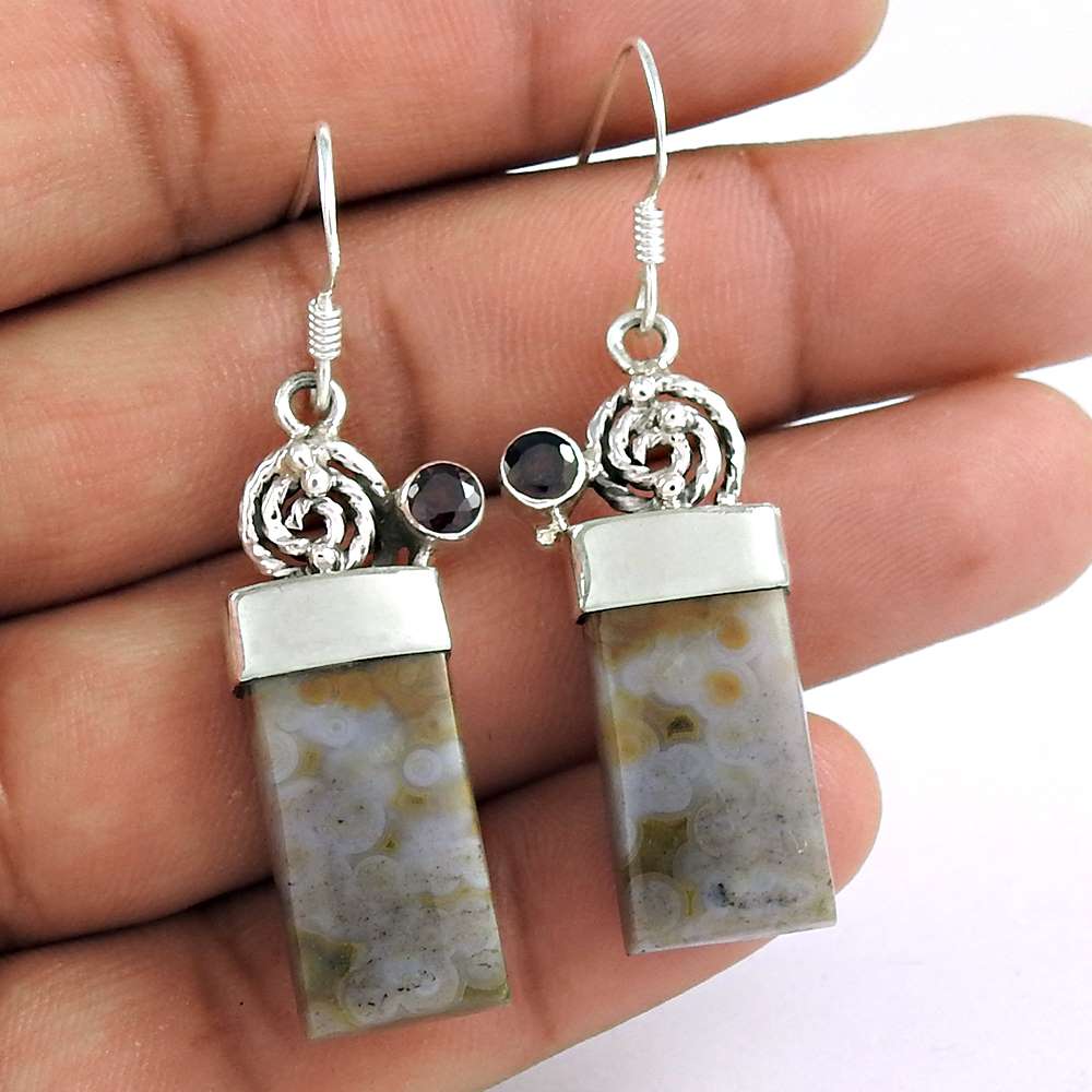 Indian Sterling Silver Jewellery Beautiful Ocean jasper Garnet Gemstone Earrings