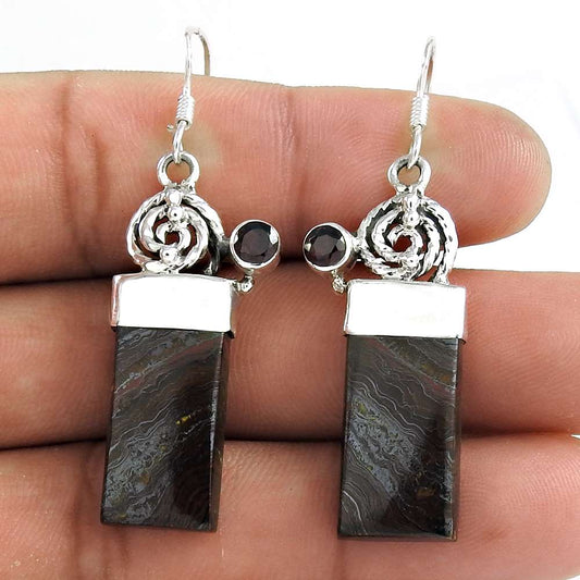 Natural Hemetite Jasper Dangle Vintage Earrings 925 Silver For Women U43