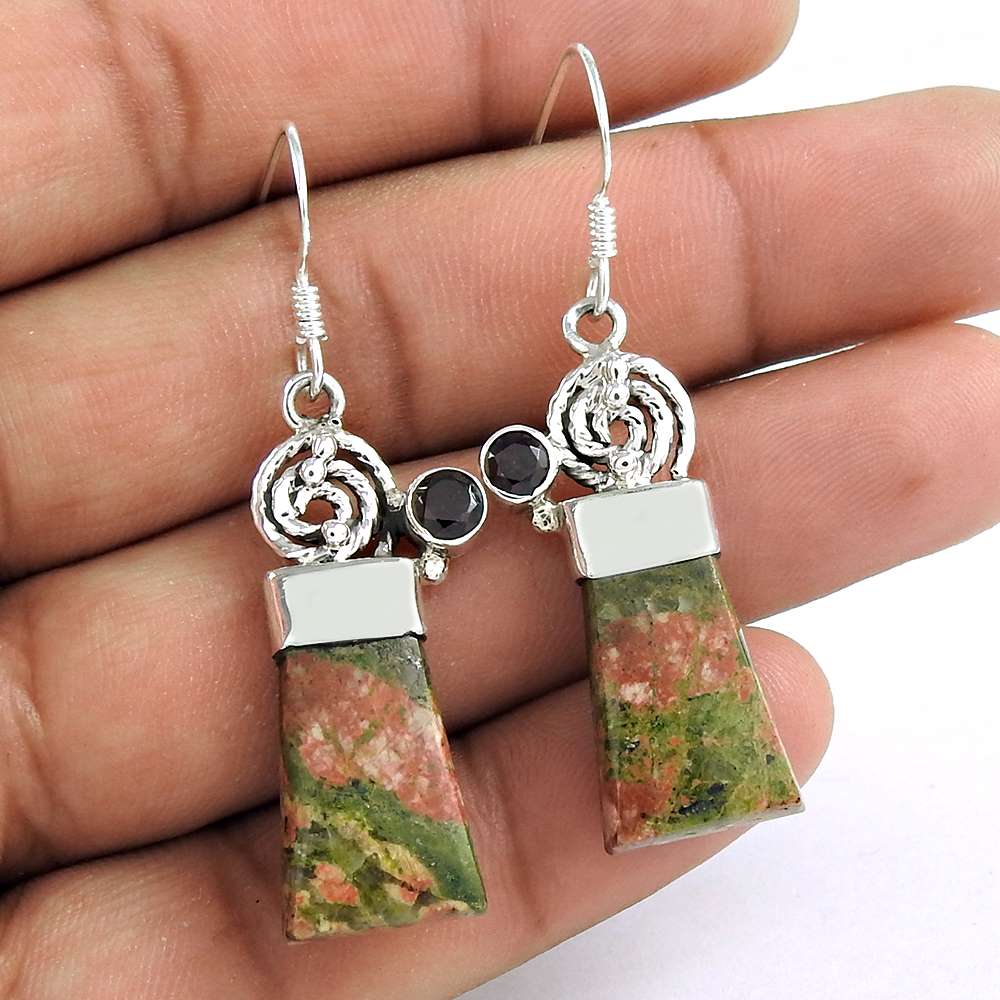 925 Sterling Silver Jewellery Ethnic Unakite Garnet Gemstone Earrings