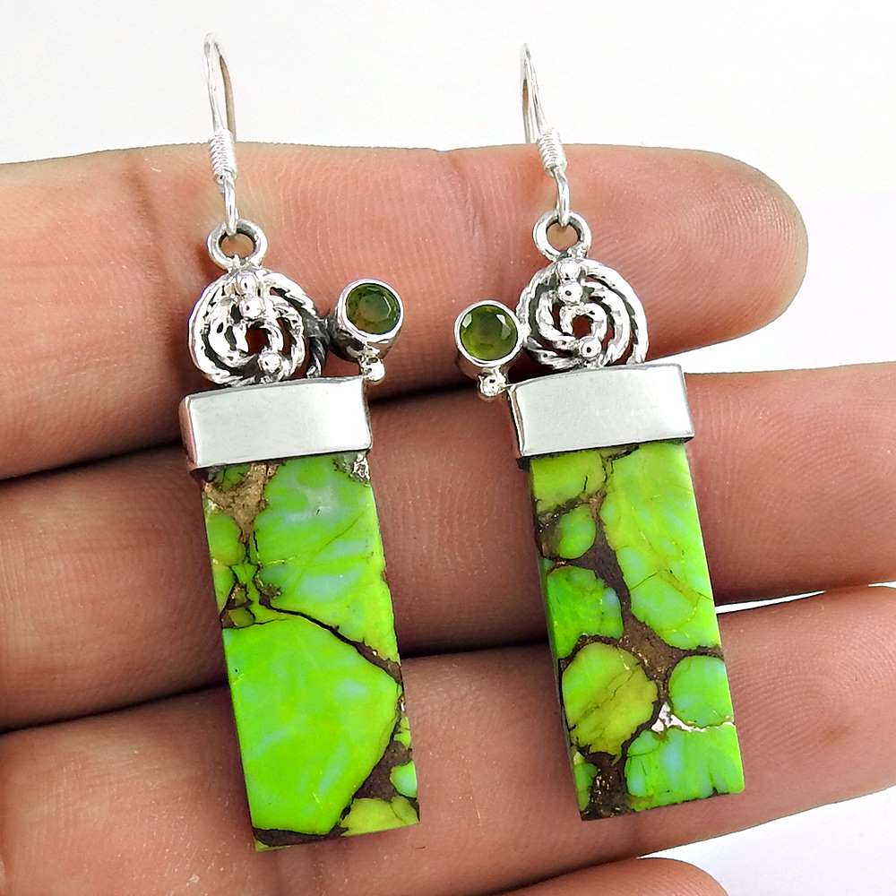 Natural Turquoise Gemstone Dangle Bohemian Green Earrings 925 Silver Z43