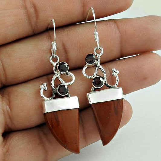Birthday Gift For Her Natural Jasper Dangle Vintage Earrings 925 Silver D44