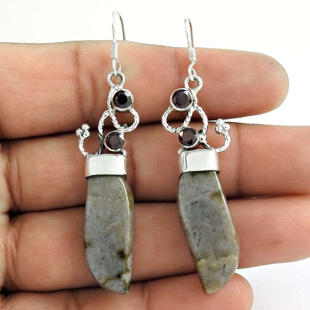 Natural Ocean Jasper 925 Silver Dangle Ethnic Earrings For Girls F44