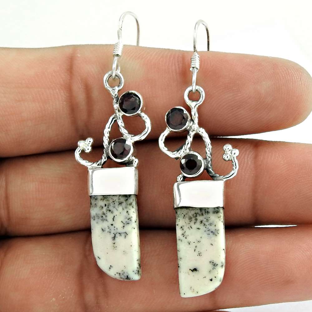 925 Sterling Silver Vintage Jewellery Fashion Dendritic Opal Garnet Gemstone Earrings
