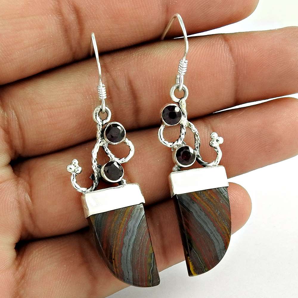 Gift For Her 925 Silver Natural Hemetite Gemstone Dangle Boho Earrings H44