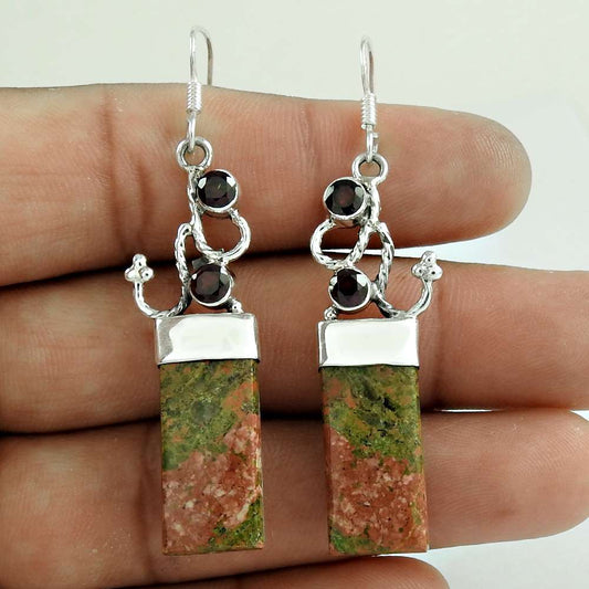 Large Stunning 925 Sterling Silver Unakite Garnet Earrings Fournisseur