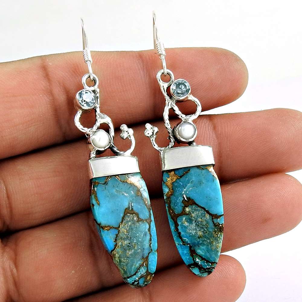 Natural Turquoise Gemstone Dangle Ethnic Blue Earrings 925 Silver K44