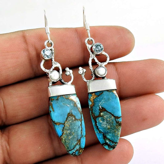 Natural Turquoise Gemstone Dangle Ethnic Blue Earrings 925 Silver K44