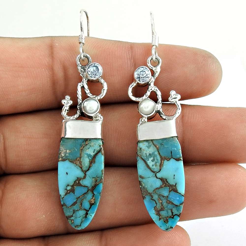 Gift For Her Natural Turquoise Dangle Boho Earrings 925 Silver L44