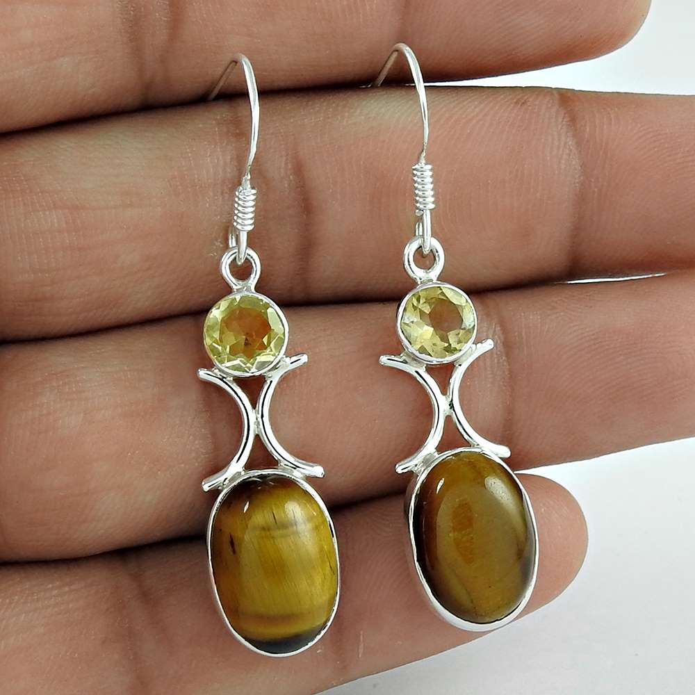 Sterling Silver Fashion Jewellery Rare Tiger Eye Citrine Gemstone Earrings