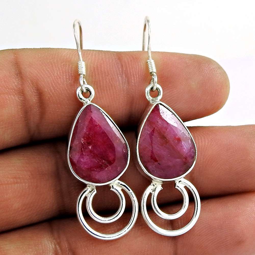 Gift For Her 925 Silver Natural Ruby Gemstone Dangle Vintage Earrings P44