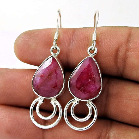 Natural Ruby Gemstone Dangle Vintage Earrings 925 Silver For Women Q4