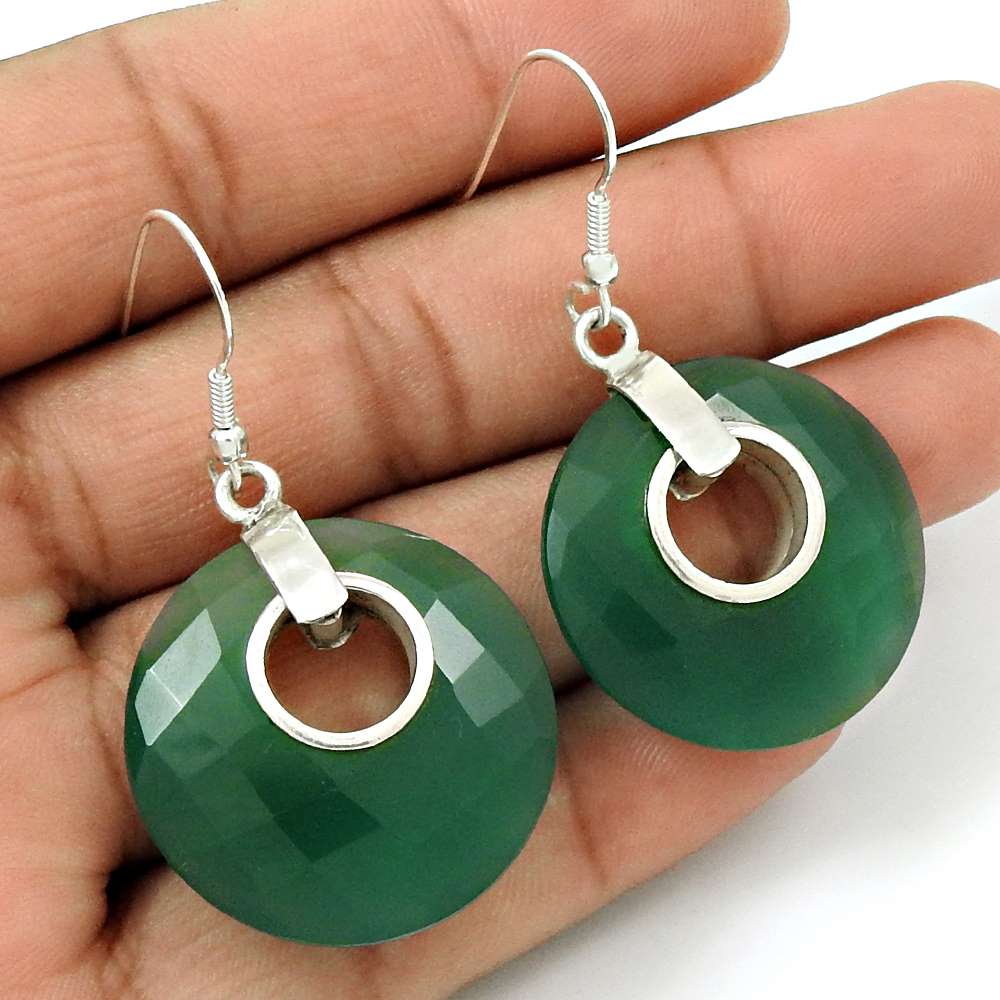 Natural Green Onyx Gemstone 925 Silver Dangle Tribal Earrings For Women U44