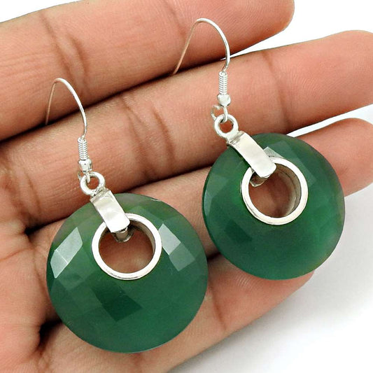 Natural Green Onyx Gemstone 925 Silver Dangle Tribal Earrings For Women U44
