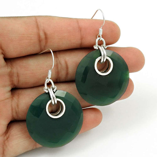 Natural Onyx Gemstone Dangle Woman Gift Green Earrings 925 Silver V44