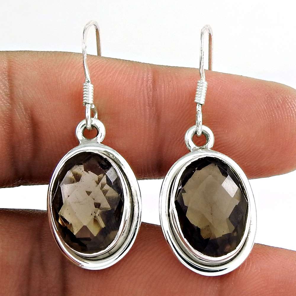 Natural Smoky Quartz Gemstone Dangle Boho Earrings 925 Silver For Women E45