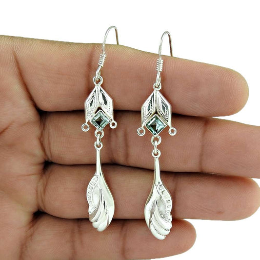Gift For Her 925 Silver Natural Blue Topaz Dangle Bohemian Earrings Q3