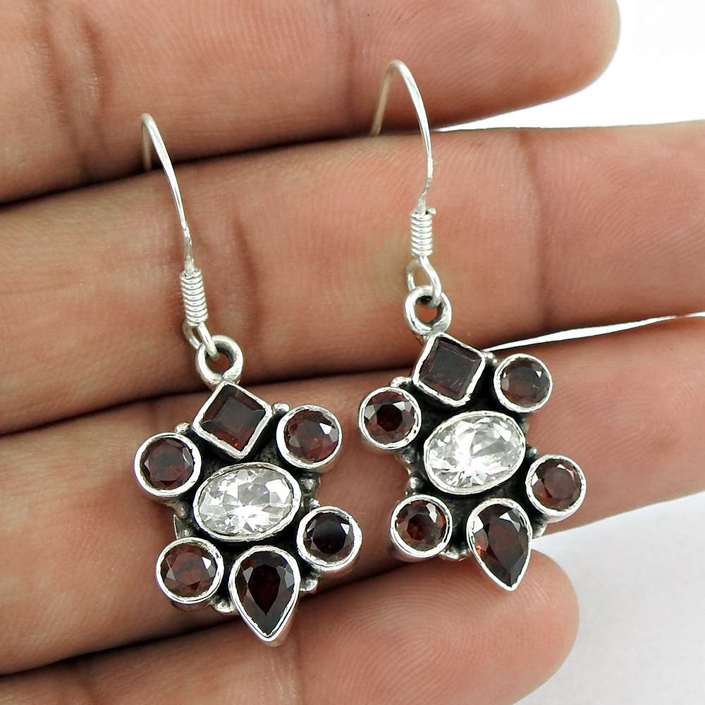 925 Sterling Silver Gemstone Jewellery Trendy Garnet White CZ Gemstone Earrings