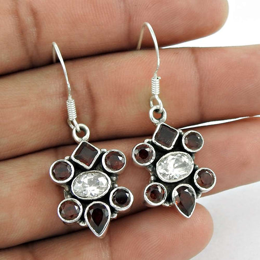 925 Sterling Silver Gemstone Jewellery Trendy Garnet White CZ Gemstone Earrings