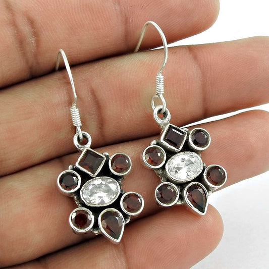925 Silver Jewellery Traditional Garnet White CZ Gemstone Earrings