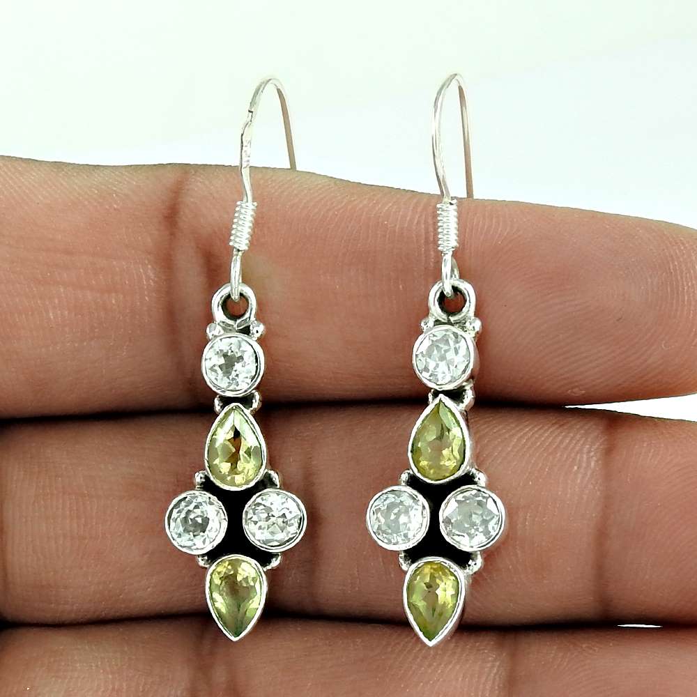 Natural Peridot Gemstone Dangle Boho Earrings 925 Silver For Girls A1