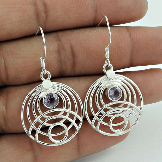 Natural Amethyst Gemstone Dangle Tribal Purple Earrings 925 Silver F48