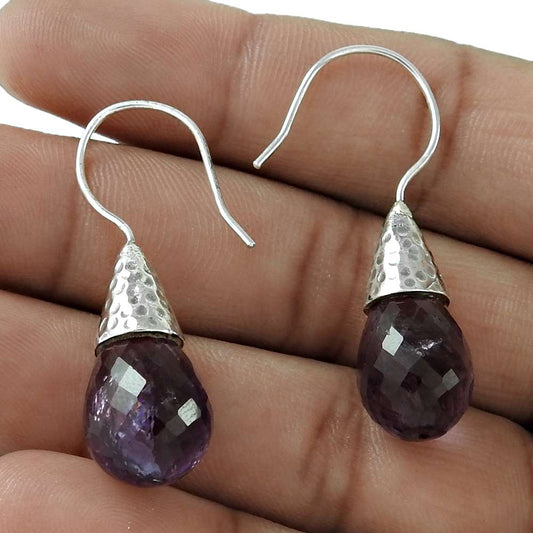 Natural Amethyst Gemstone Dangle Bohemian Earrings 925 Silver For Women H48