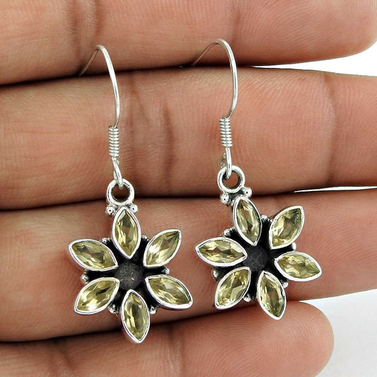 Natural Citrine Gemstone Dangle Vintage Earrings 925 Silver For Girls K48