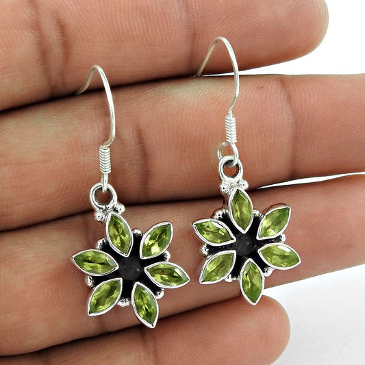 Natural Peridot Gemstone 925 Silver Dangle Flower Earrings For Girls L48